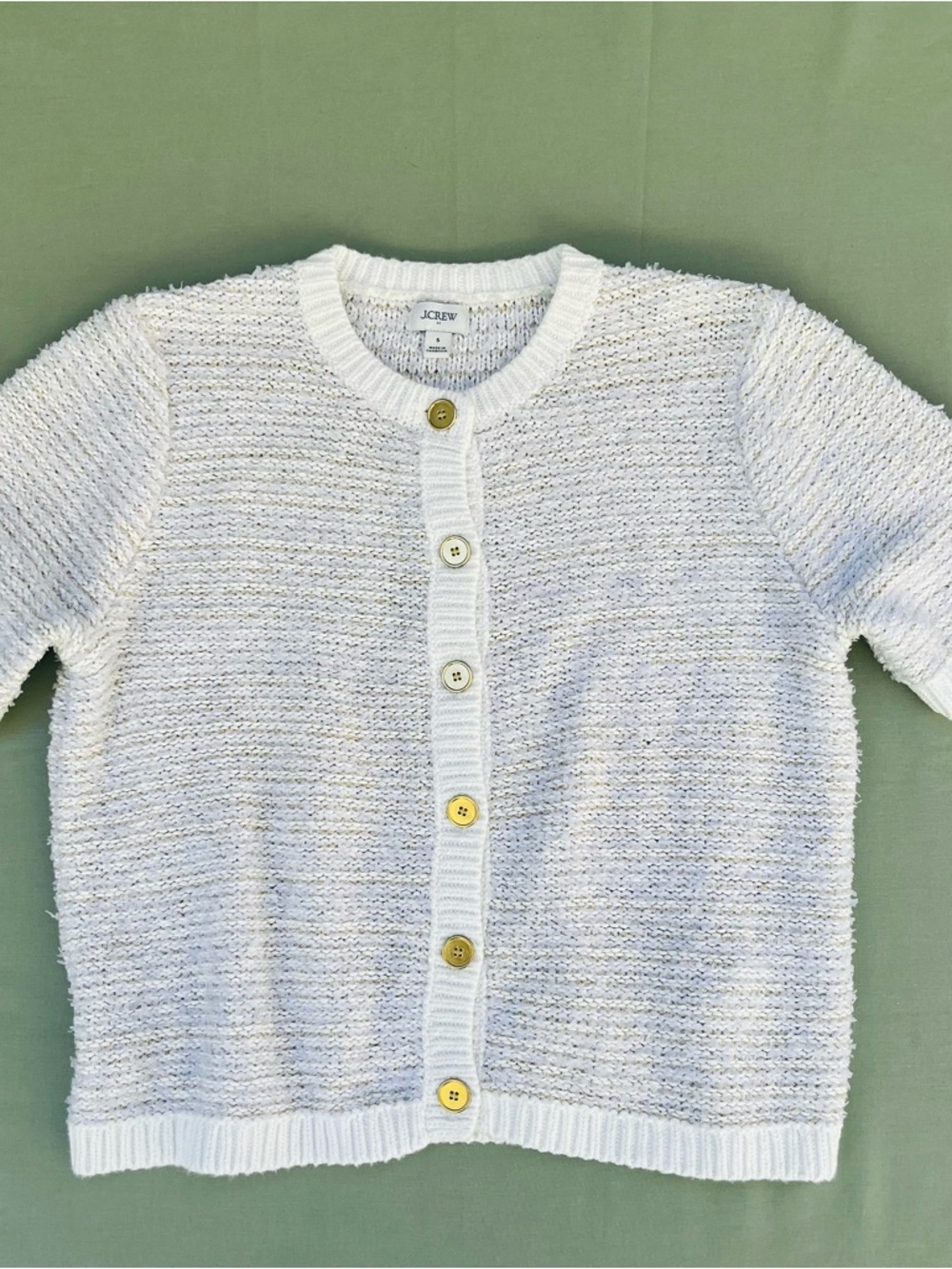 J.Crew Woman White Knitted Gold Thread & Buttons Sweater Cotton Blend Cardigan - Picture 11 of 11
